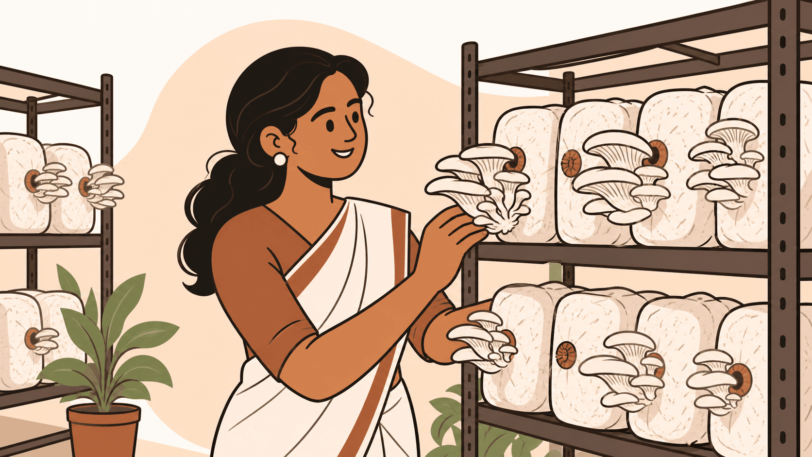 Kerala mushroom farmer with a basket of oyster mushrooms