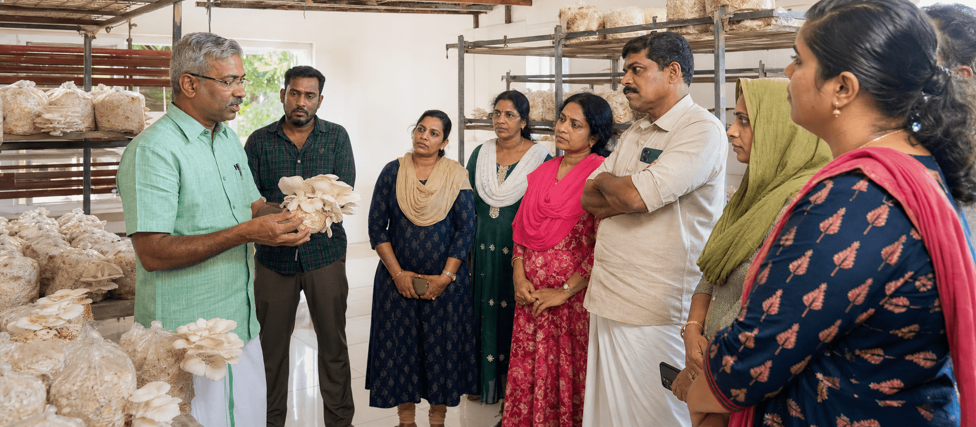 Practical oyster mushroom cultivation training for Kerala farmers