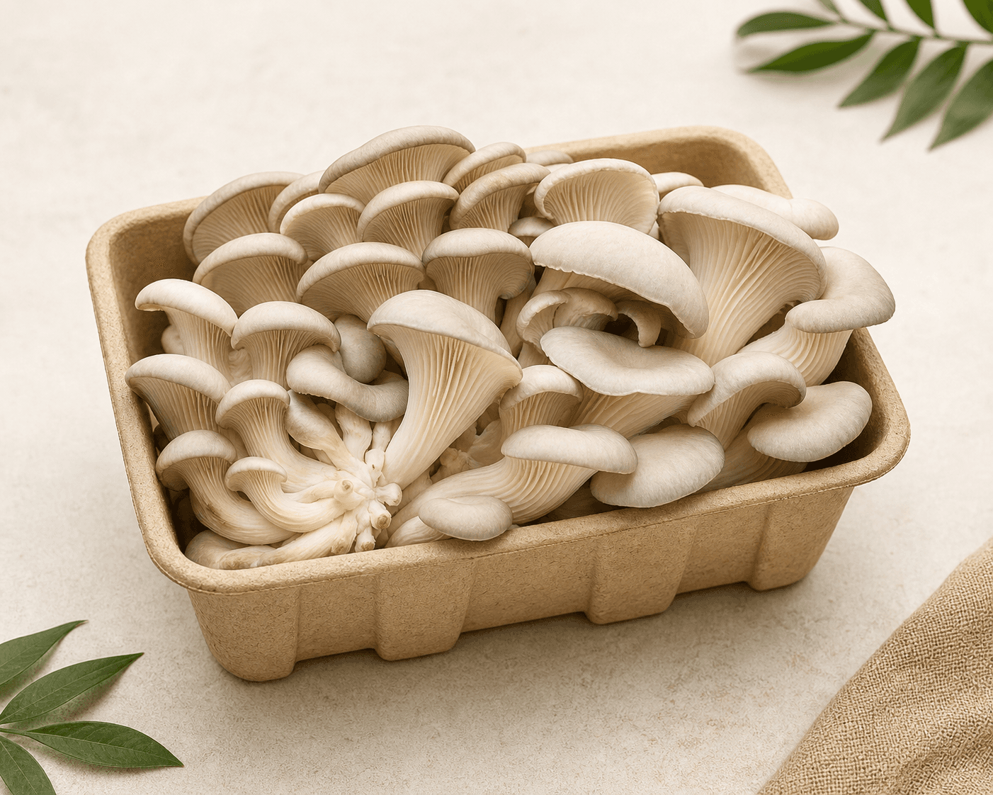 Fresh oyster mushrooms packed in a punnet box