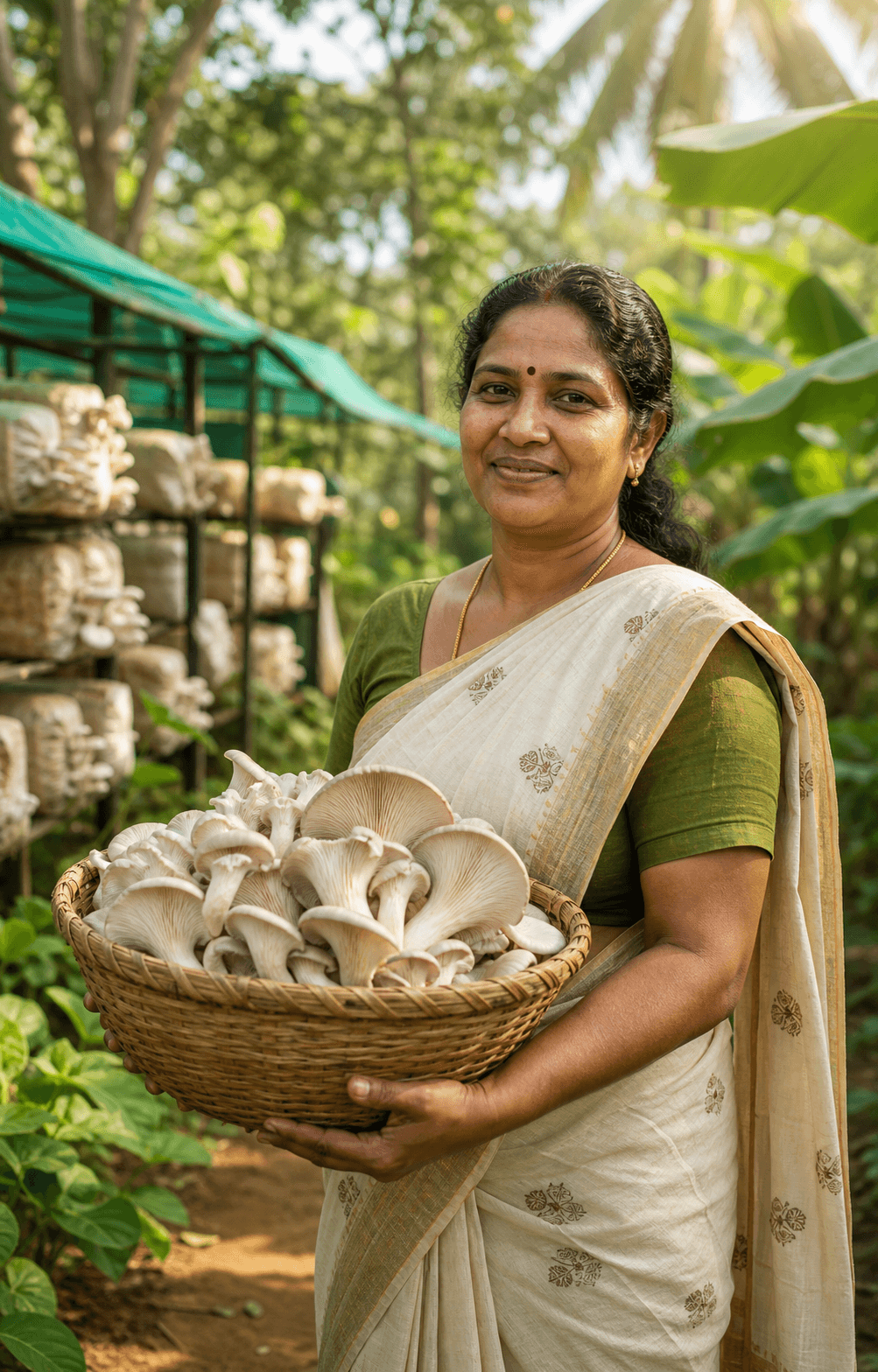 Kerala woman farmer holding a basket of fresh oyster mushrooms